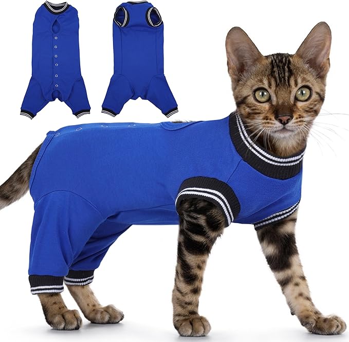 PUMYPOREITY Cat Recovery Suit for Hind Legs, Cat Surgical Spay Suit with Leg Sleeves to Stop Licking, Long Rear Sleeve Wound Cover Abdomen Kitten Onesie, Blue, XL