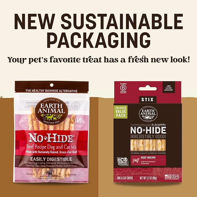 Earth Animal No-Hide Stix Beef Recipe Natural Rawhide Alternative Dog & Cat Chews - 80 Count Extra Value Pack