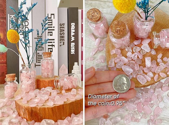 Rose Quartz Crystal Gravel Polished Chips Crushed Stones Healing Bulk Natural Tumbled Rocks Gem Home Decoration Small Pebbles for mini Aquarium Tank Plants Landscape Vase Filler Bottom Ornament 0.6lb