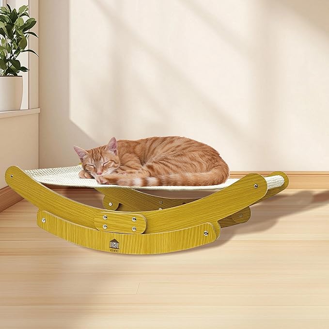 Sisal Cat Scratcher for Indoor Cats, Rocking Beds and Fixed Beds 2-IN-1Cat Hammock for Scratching Pad Cat Bed, Include 2 pcs Nartural Sisal Mats for Large Cats Scratcher Lounge, Wooden Cat Furniture