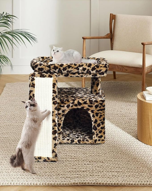 Small Leopard Print Cat Tree for Indoor Cats | Short Tower with Scratching Post, Ramp Pad, Condo with Perch Bed, Kittens Play House, Hanging Plush Ball & Cave for Resting (Leopard Print)