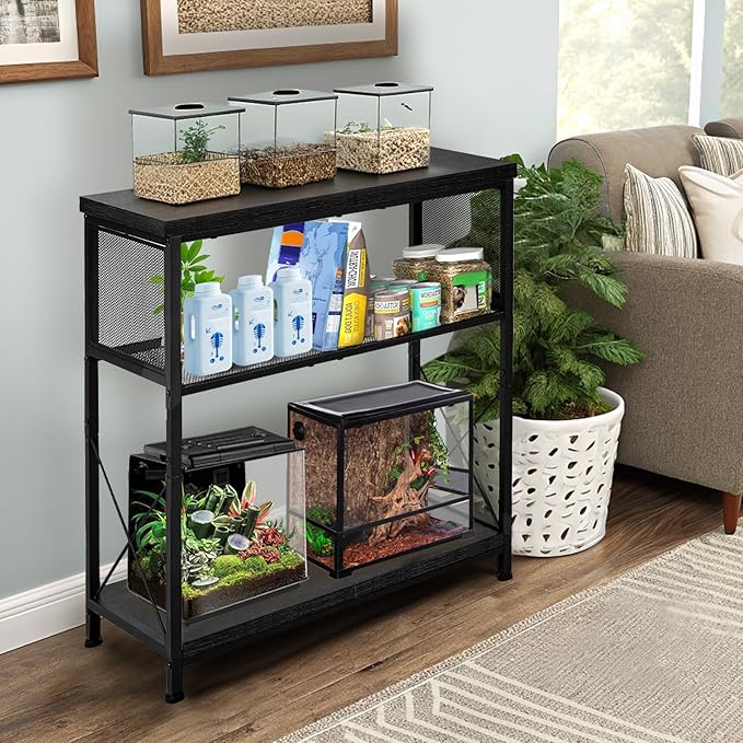 LALA IKAI Fish Tank Stand, 10-20 Gallon Metal Aquarium Stand Table with 2 Tiers Storage Shelf, 4-Leg Reptile Tank Stand, Black