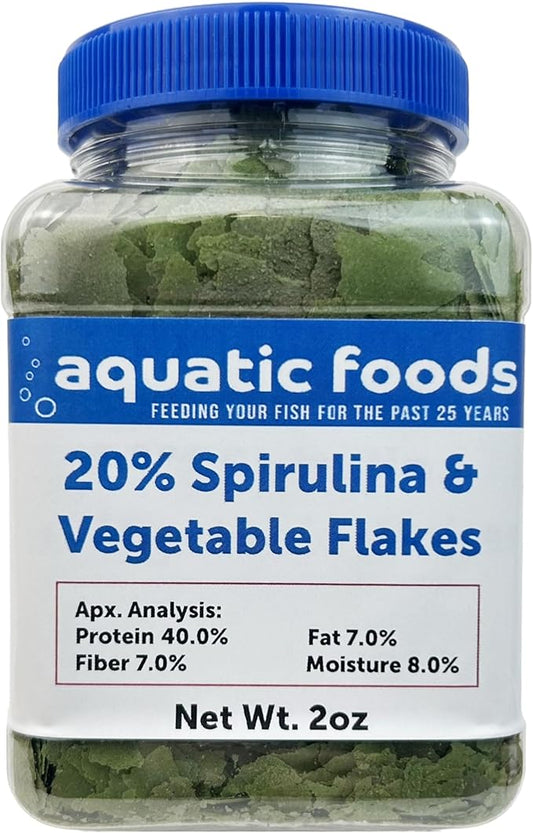 Aquatic Foods Inc. Vegetable & 20% Spirulina Plus Enhanced Premium Flakes for African Cichlids, Herbivores, AF…2oz Small Jar