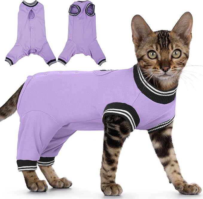 PUMYPOREITY Cat Recovery Suit for Hind Legs, Cat Surgical Spay Suit with Leg Sleeves to Stop Licking, Long Rear Sleeve Wound Cover Abdomen Kitten Onesie, Purple, XL