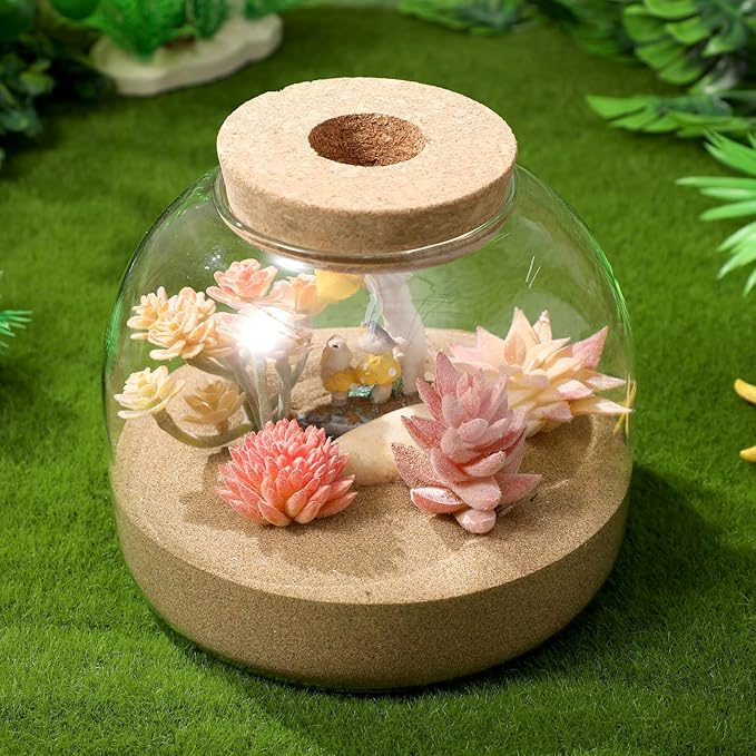 Glass Plant Terrarium, Tabletop Succulent Planter Easter Candy Cookie Jar Cute Canister Round Fish Bowl Vase Sealed Glass Bottles Vial with Cork Top for Craft Fern Moss Succulent Air Plants