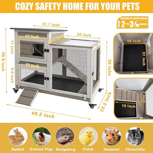40" L Rabbit Hutch Indoor Wooden Bunny Hutch Outdoor 2 Story Rabbit Cage on Metal Wheels with Run and 2 Deeper Pull Out Trays Guinea Pig Pet House for Small Animals