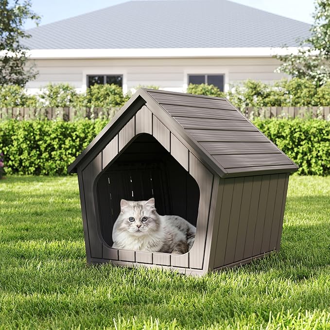 Outdoor Cat House Weatherproof, Clawsable Cat Houses for Outdoor Indoor Cats, Feral Outside Cats House Weatherproof, Resin Insulated Material, Air Holes Easy to Clean and Install, Coffee