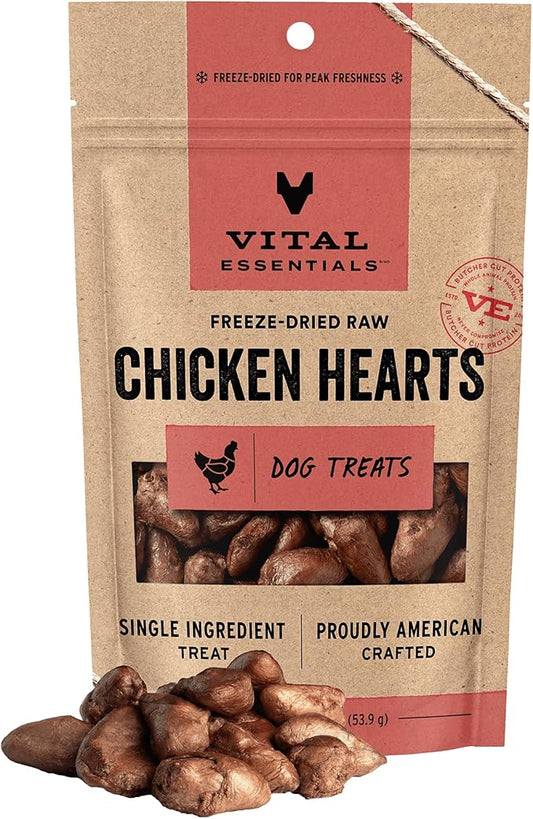 Vital Essentials Chicken Hearts Dog Treats, 1.9 oz | Freeze-Dried Raw | Single Ingredient | Premium Quality High Protein Training Treats | Grain Free, Gluten Free, Filler Free