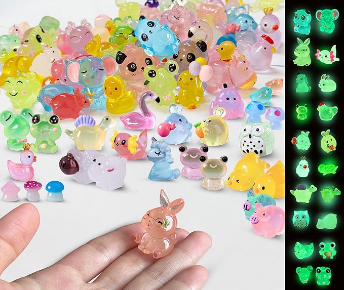 100 Pcs Luminous Mini Resin Animals Tiny Resin Animals Bulk, Glow in The Dark to Hide Around The Office Home, for Garden Miniatures Fairy Garden Accessories Crafts Micro Landscape Decor