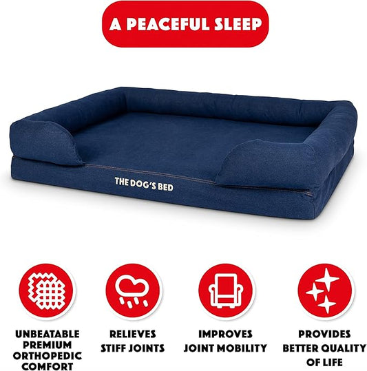The Dog’s Bed, XL Blue Denim 43.5x34, Memory Foam, Pain Relief: Arthritis, Hip & Elbow Dysplasia, Post Surgery, Lameness, Supportive, Calming, Waterproof Washable Cover, Veterinary Approved