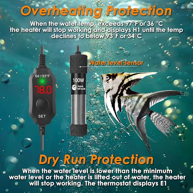 AquaMiralce 100W Aquarium Heater with Compact Size, Submersible Fish Tank Heater with LED Digital Display Thermostat, Adjustable Fish Heater Turtle Heater for 10-20 Gallon Tanks