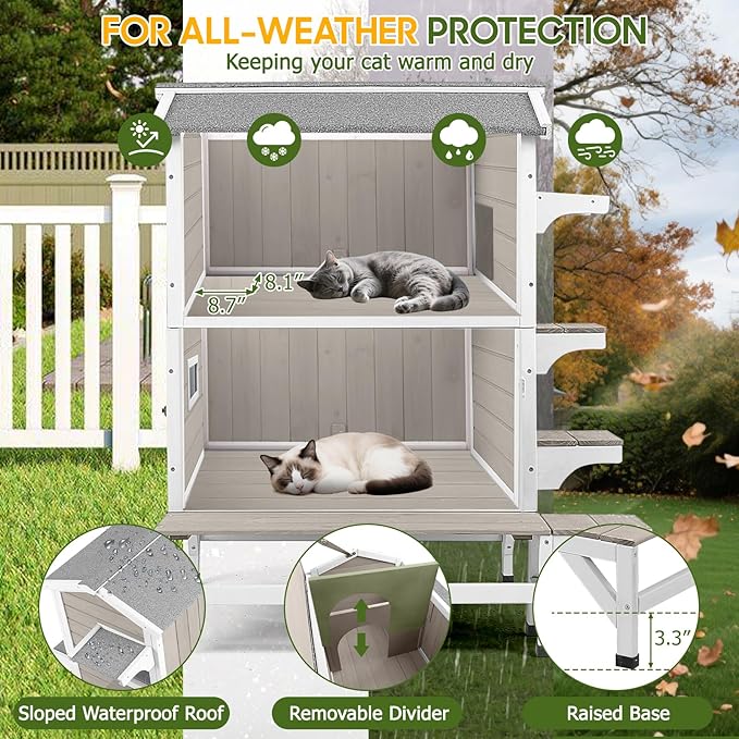 Outdoor Cat House Weatherproof with Balcony Outside Wooden Feral Cat Shelter with 3 Jumping Platforms and Openable Asphalt Roof for Cats and Small Animals
