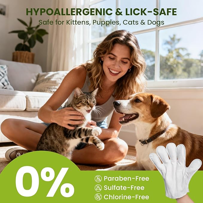 12PCS Hypoallergenic Pet Glove Wipes for Dogs & Cats - Quick Clean & Deodorizing Between Baths & Travel | Dog Washing Wipes for Fur, Butt, Paws, Eyes & Ears |Cat Cleaning Gloves for Grooming & Bathing