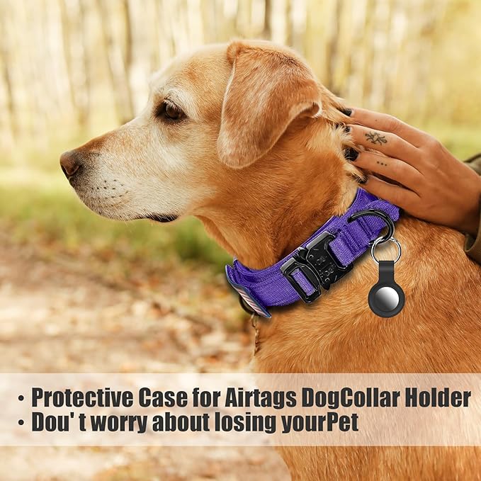 Tactical Military Dog Collar - Adjustable Nylon, Heavy Duty Metal Buckle With Handle for Training, With Patches (Purple, L)