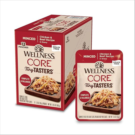 Wellness CORE Tiny Tasters Minced Adult Wet Cat Food, Natural, Protein-Rich, Grain Free, 1.75-Ounce Pouch, 12 Pack, (Chicken & Beef)