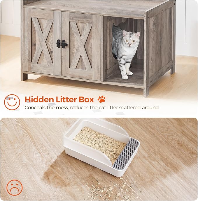 Cat Litter Box Enclosure, Hidden Litter Box Furniture with Divider, Indoor Cat House, Wooden Washroom Storage Cabinet Bench, as End Table, for Living Room, Bedroom, Greige CWHG2501Z