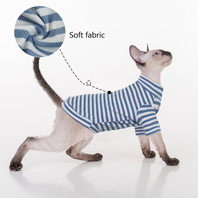 PUMYPOREITY Sphynx Cat Clothes - Soft Hairless Shirt With Sleeves, Stretchy Sweater, Pullover Pajamas Jumpsuit, Turtleneck Outfit for Sphynx Cornish Rex, Devon Rex - Blue, XL