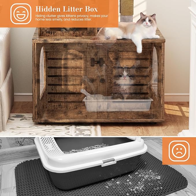 DKLGG Cat Tree with Litter Box Enclosure, Modern Cat Condo, Indoor Cat Tower with Litter Box Enclosure Wood House w/Sisal Scratching Post, Plush Perch Platform & Divided Condo (Rustic Brown)