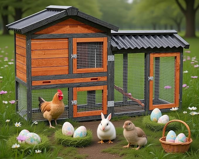 Chicken Coop,Wooden Duck House Outdoor Indoor,Hen House Poultry Quail Cage with Waterproof, Run, Elevated Retreat, Ramp, Door (Brown)