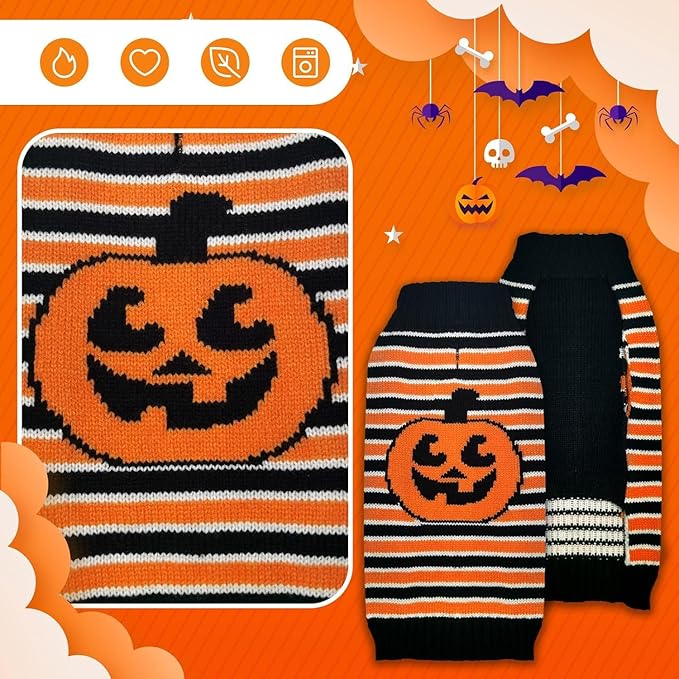 BAEJMJK Cute Halloween Dog Sweater Soft Striped Pumpkin Puppy Sweaters with Leash Hole Warm Turtleneck Pet Dog Clothes Costume for Small Medium Large Dogs Cats(X-Large)