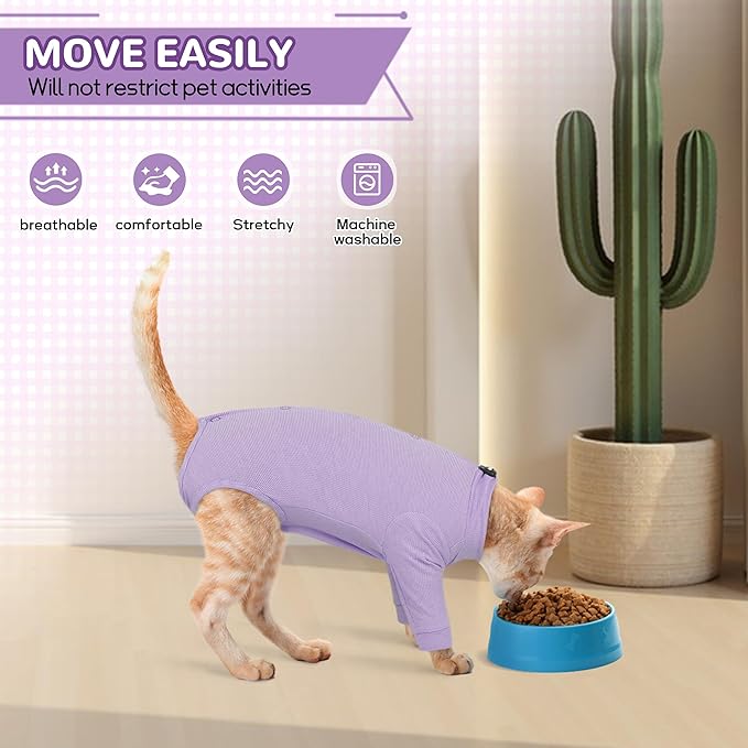 PUMYPOREITY Cat Front Leg Recovery Suit, Surgical Spay Suit with Leg Sleeves to Stop Licking, Machine Washable & Comfort Fit, Long Rear Sleeve Prevents Scratching & Biting, Purple, S