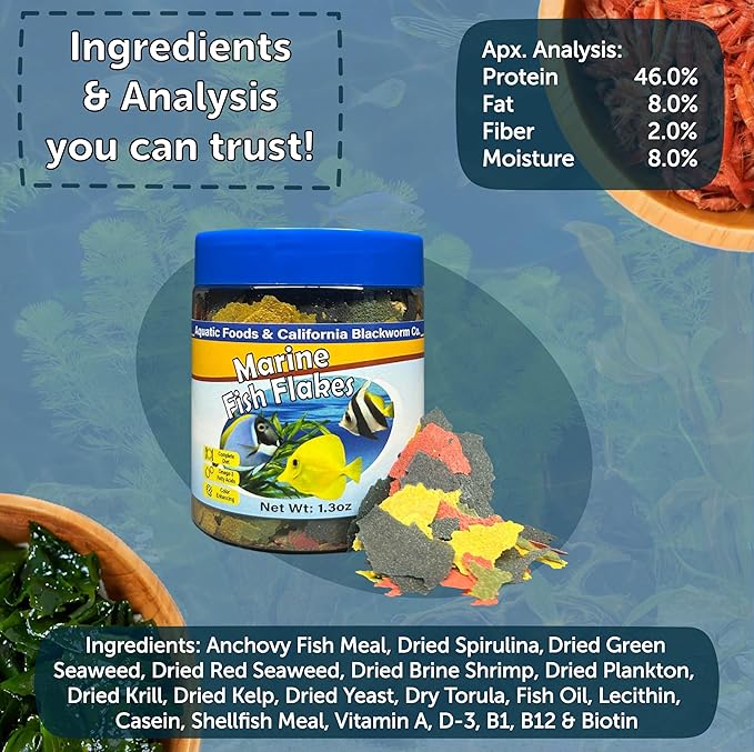 Aquatic Foods Inc. Premium Marine Fish Flakes with Algae, Seaweed and Nori for Clown Fish, Tangs, Butterflies, Angel Fish, 4-Type Wafer Mix & 12-Type Pellet Mix Included 1.30oz Canister