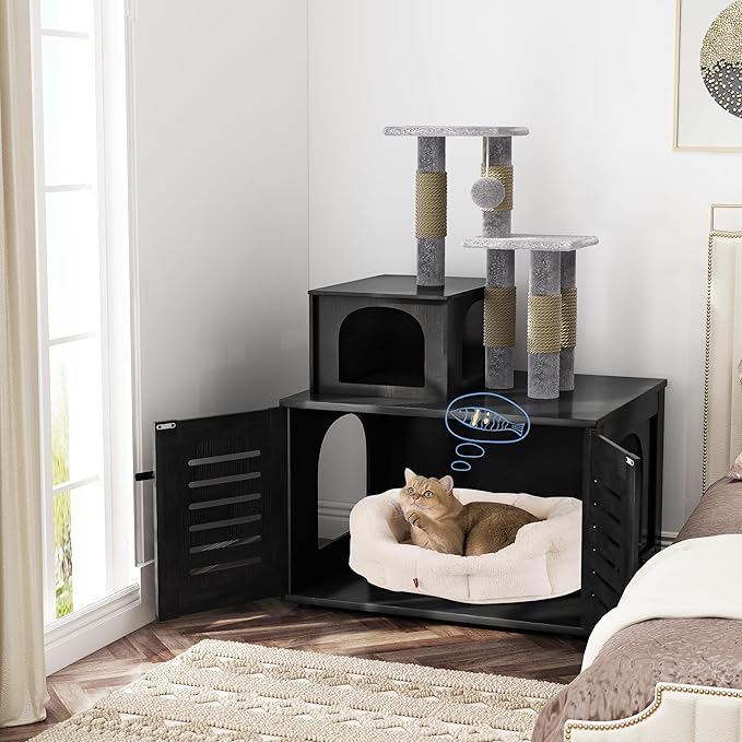 DKLGG Large Wooden Cat Tree House with Hidden Litter Box Enclosure | Multi-Functional Cat Furniture Featuring Sisal Scratching Post, Plush Perch Platform & Divided Condo for Indoor Cats (Black)