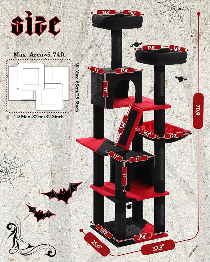 Gothic Cat Tree for Large Cats, 70.9" Tall Black Cat Tower with Coffin Bed, Cat Condo, Sisal Scratching Posts & Top Perch, Spider Hanging Ball, Multi-Level Spooky Cat Tree, Halloween, Black