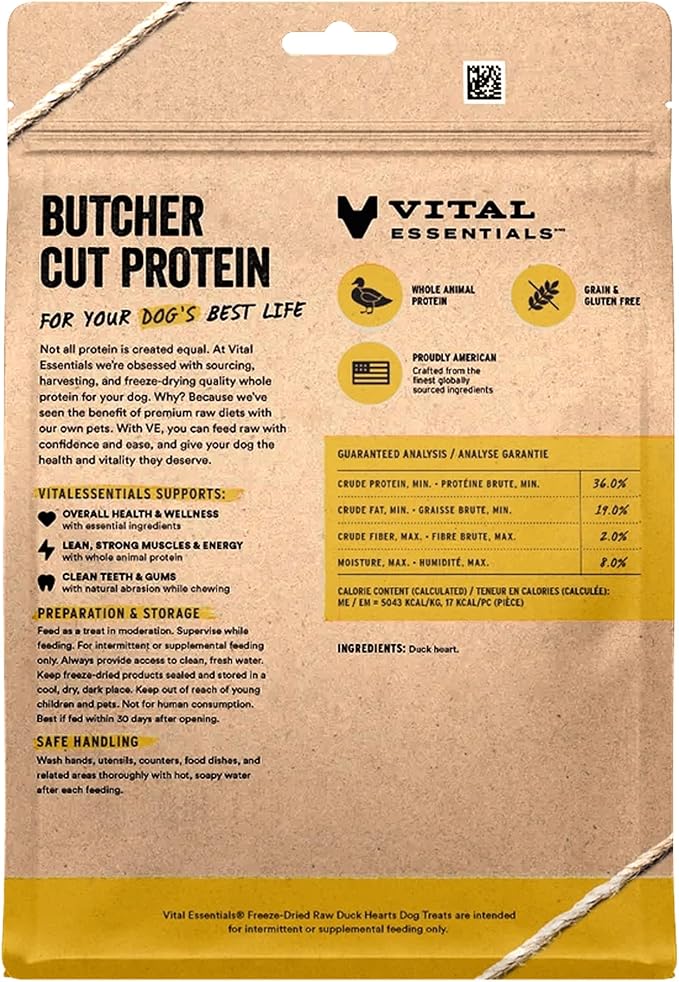 Vital Essentials Duck Hearts Dog Treats, 10 oz | Freeze-Dried Raw | Single Ingredient | Premium Quality High Protein Training Treats | Grain Free, Gluten Free, Filler Free