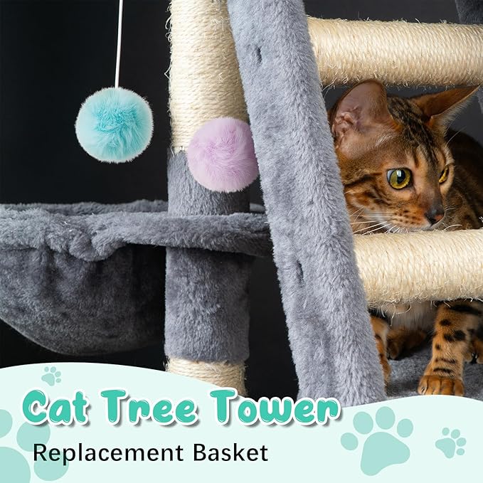 3 Pack 13" Large Cat Tree Hammock Basket Bed Lounger Tower Replacement Parts with 6 Pcs Hanging Elastic Strings Pom Pom Toys, Cat Tree Accessories Hammock Attachment (Gray)