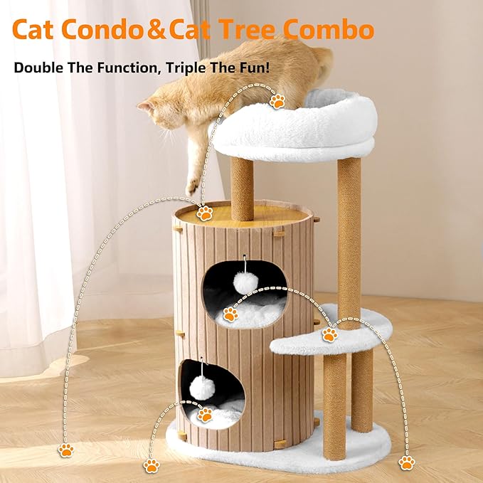 Modern Cat Tree for Indoor Cats Large Adult, 36in H Cat Condo Tower with Scratching Posts, Cozy Cat Bed Cave, Washable Cushions, Dangling Balls, Play&Nap Cat House for All Breeds of Cats, Brown