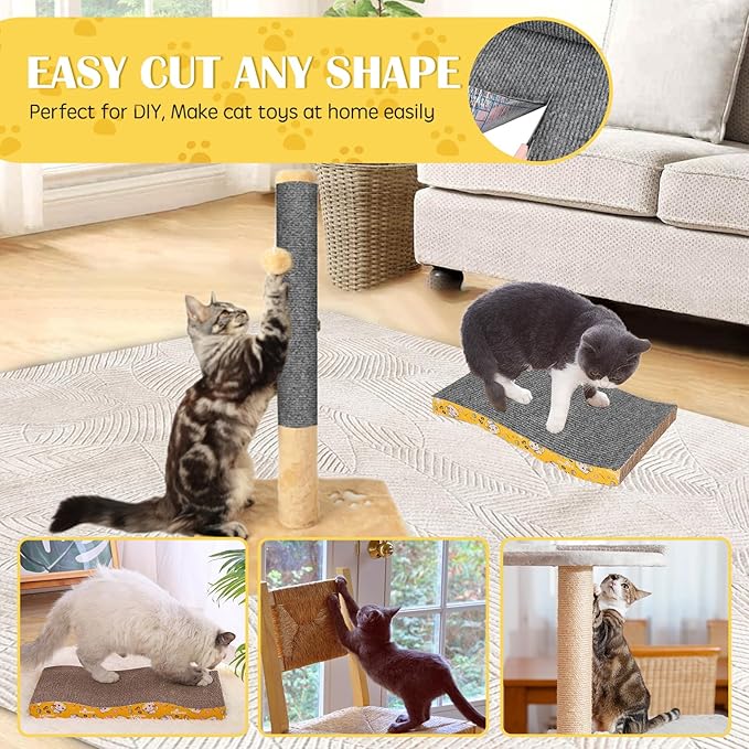 Self-Adhesive Cat Scratch Mat Trimmable Cat Scratching Post Carpet 39in Durable Carpet Mat Pad Replacement for Cat Tree Shelves Post Couch, Furniture, Walls & Doors DIY Cat Climbing Mat (Light Gray)