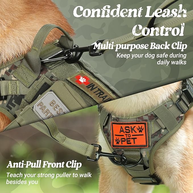 rabbitgoo Tactical Dog Harness Medium Sized, Heavy Duty Pet Harness with Handle, No-Pull Service Vest Medium Breed, Adjustable Military Dog Vest for Training Hunting Walking, Green Camo, M
