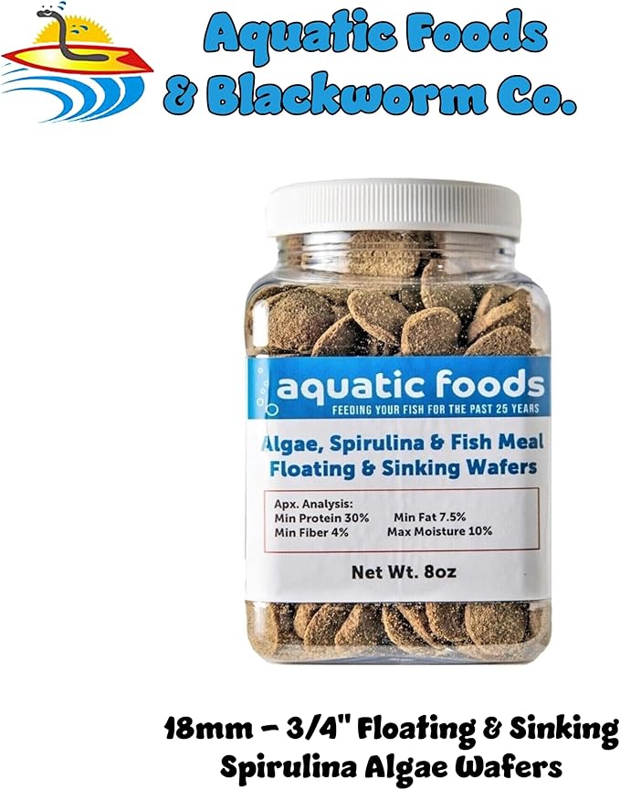 Aquatic Foods Inc. 18mm - 3/4" Wafers, Sinking & Floating for Both Bottom Fish & Surface Fish, Pond Fish, Shrimp, Snails, Crabs, Crayfish…8oz Small Jar