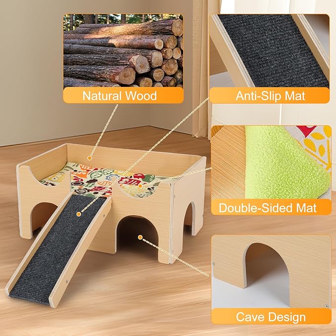 AQQHSAIN Guinea Pig Hideout Castle Sturdy Wooden Hamster Castle Detachable Guinea Pig Hideout House with Ramp and Cushion Small Animal House Hut Habitats for Chinchillas Playing Hiding (Single Layer)
