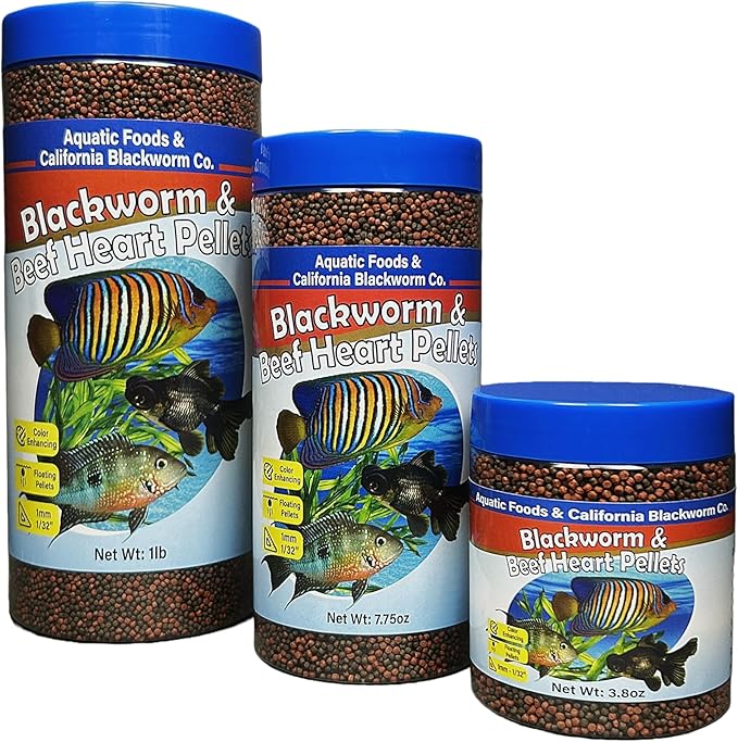 Aquatic Foods Inc. 1mm -1/32" California Blackworm & Beef Heart Floating Pellets for Marines, Cichlids, Tropical Fish, Koi & Pond Fish, 4-Type Wafer & 12-Type Pellet Mix Included 7.75oz Canister