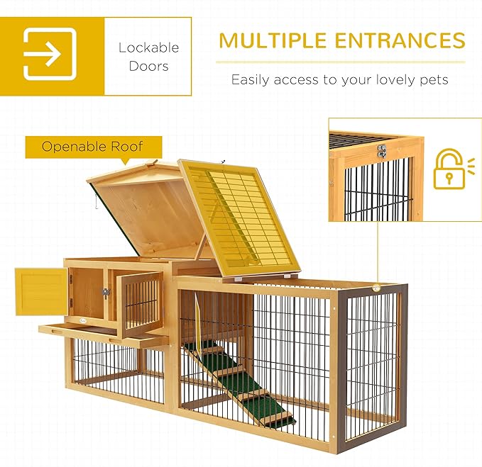 PawHut Rabbit Hutch, 2 Story Outdoor Bunny Cage with Slide-Out Tray, Run Cage, Openable Top for Rabbits, Guinea Pig, Yellow