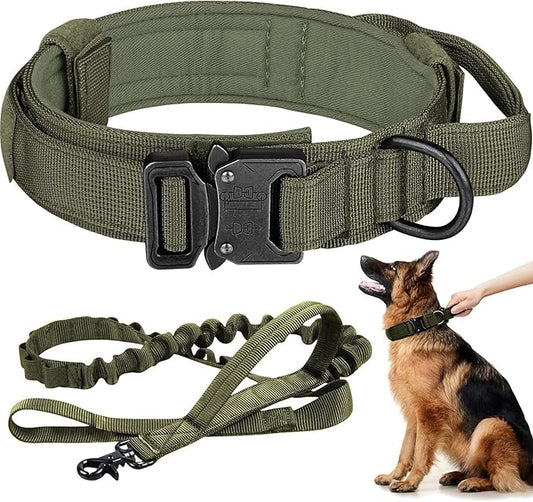 Tactical Dog Collar and Leash Set Heavy Duty Military Dog Collar with Handle and Metal Buckle for Medium and Large Dogs (Army Green, XL)