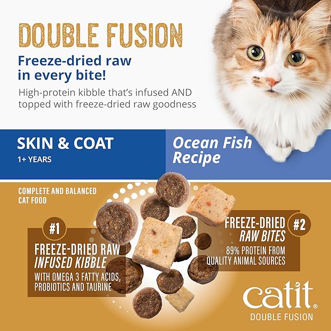 Catit Recipes Double Fusion Skin & Coat Cat Food – Ocean Fish Recipe, High-Protein, Freeze-Dried Raw Toppings, Omega-Rich for Healthy Skin & Fur, No by-Products, Minimally Processed, 10 lb