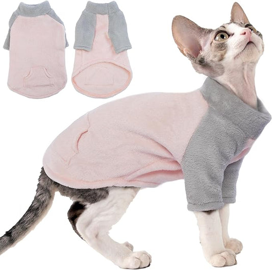 PUMYPOREITY Cozy Cat Sweater with Sleeves, Soft Coral Fleece Cat Clothes, Warm Winter Coat Thick Fleece for Hairless Cats, L, Pink