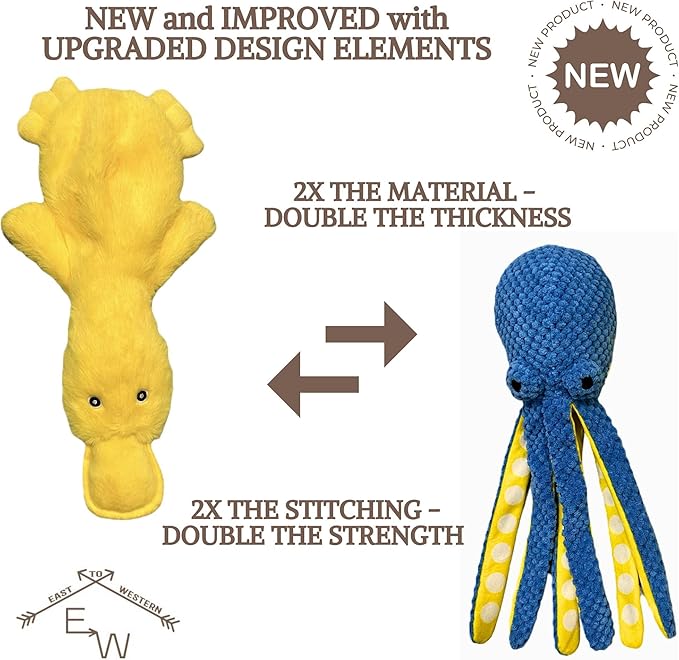 Duck and Octopus Dog Toys - Crinkle, Squeaky, Plush, No Stuffing, Interactive, Stimulating, Fun, Boredom, Busy, Calming, Cuddle, Puppy, Play, Gift - Large, Medium, Small Dog - Set of 2