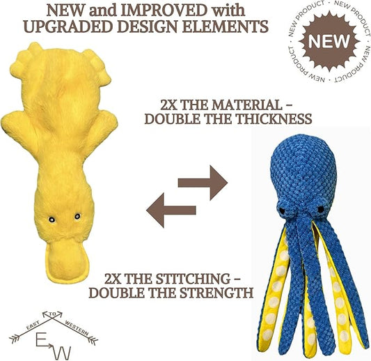 Duck and Octopus Dog Toys - Crinkle, Squeaky, Plush, No Stuffing, Interactive, Stimulating, Fun, Boredom, Busy, Calming, Cuddle, Puppy, Play, Gift - Large, Medium, Small Dog - Set of 2