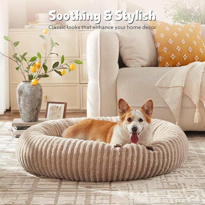 MIXJOY Donut Medium Dog Beds Medium Sized Dogs, Round Pet Beds with Removable Washable Cover, Faux Fur Cat Bed with Anti-Slip Bottom, 30"x30"x8", Beige