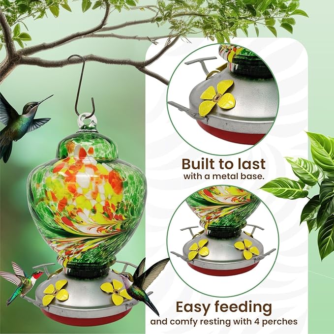 Nature Gear Hummingbird Feeder, Hanging-Mount Glass Hummingbird Feeders for Outdoors, Hand-Blown Glass Feeder with Ant Moat for Garden Hummingbirds, Easy to Clean & Rust Resistant, Emerald Green