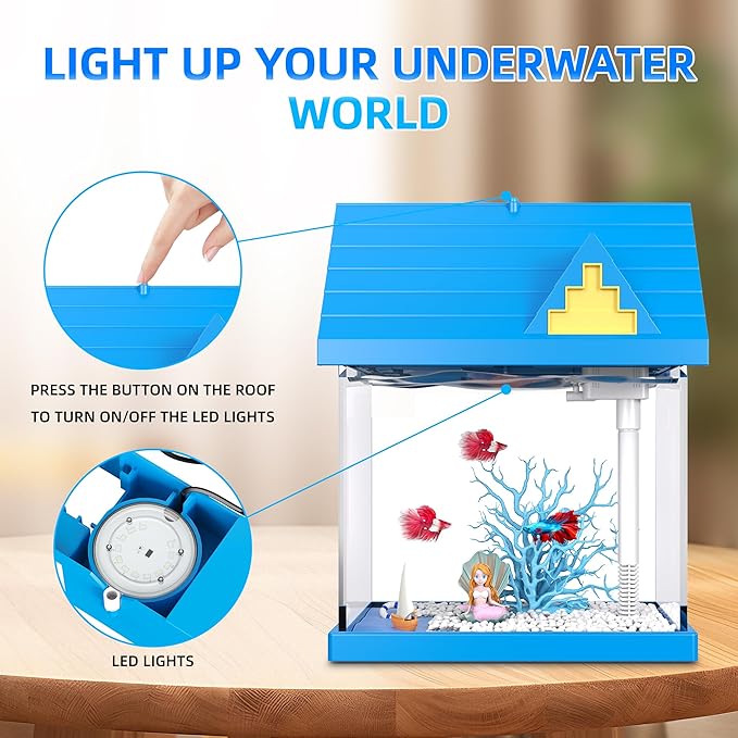 FREESEA Aquarium Betta Fish Tank: 2 Gallon Glass Betta Tank with Filter and Light for Shrimp Jellyfish Goldfish - Small Aquarium Starter Kit for Home Office Room Decorative Desktop Kids Gifts
