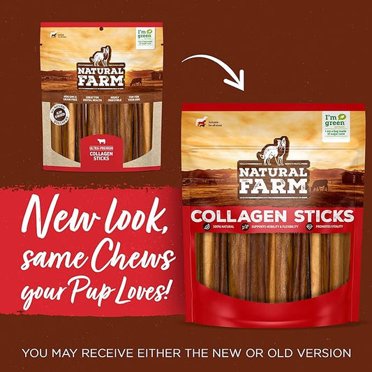 Natural Farm Collagen Dog Chews (12 Inch, 5 Pack), Odor-Free Long Lasting Bully Sticks & Rawhide Alternative Dog Treats, 95% Collagen Low Fat, High Protein – Medium & Large Dogs