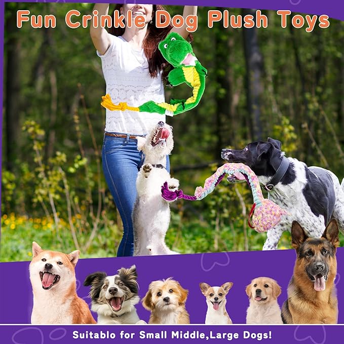 Crinkle Dog Toys Squeaky Plush No Stuffing Cute Puppy Stuffless Tough Rop Pull Toy, Fun Dog Stuffed Animals Durable Chew Set for Small Medium Large Pup (Large, Alligators+Snake)