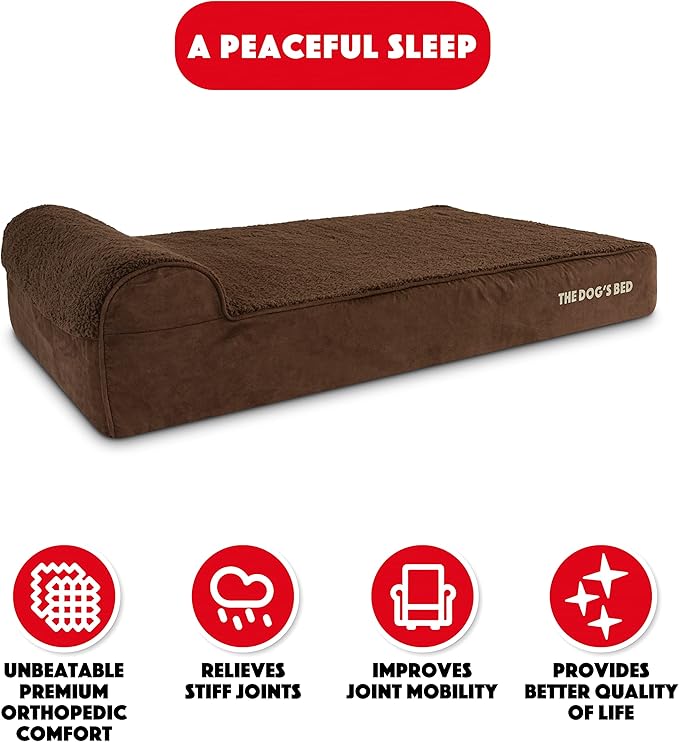 The Dog’s Bed Orthopedic Headrest Dog Bed XL Brown Plush 46x28, Memory Foam, Pain Relief for Arthritis, Hip & Elbow Dysplasia, Post Surgery, Lameness, Veterinary Approved, Waterproof Washable Cover