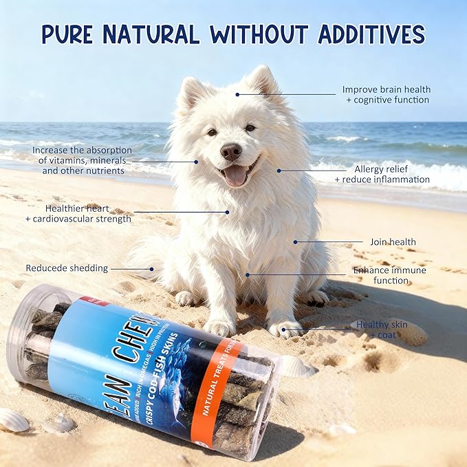Natural Cod Skins for Dogs - Single Ingredient Dog Treats, Grain Free & Hypoallergenic - Dental Chews for Teeth Cleaning & Fresh Breath - Rich in Omega-3 for Skin & Coat Health(Long Cigar 1 ib)