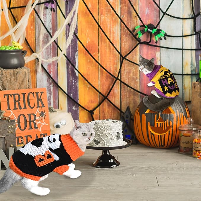 2Pcs Halloween Dog Sweaters Kitten Cat Knitwear Puppy Cat Halloween Pumpkin Ghost Sweater Pet Halloween Sweater Clothes Outfit Costume for Kittens Cats Puppies Small Medium Dogs XXL